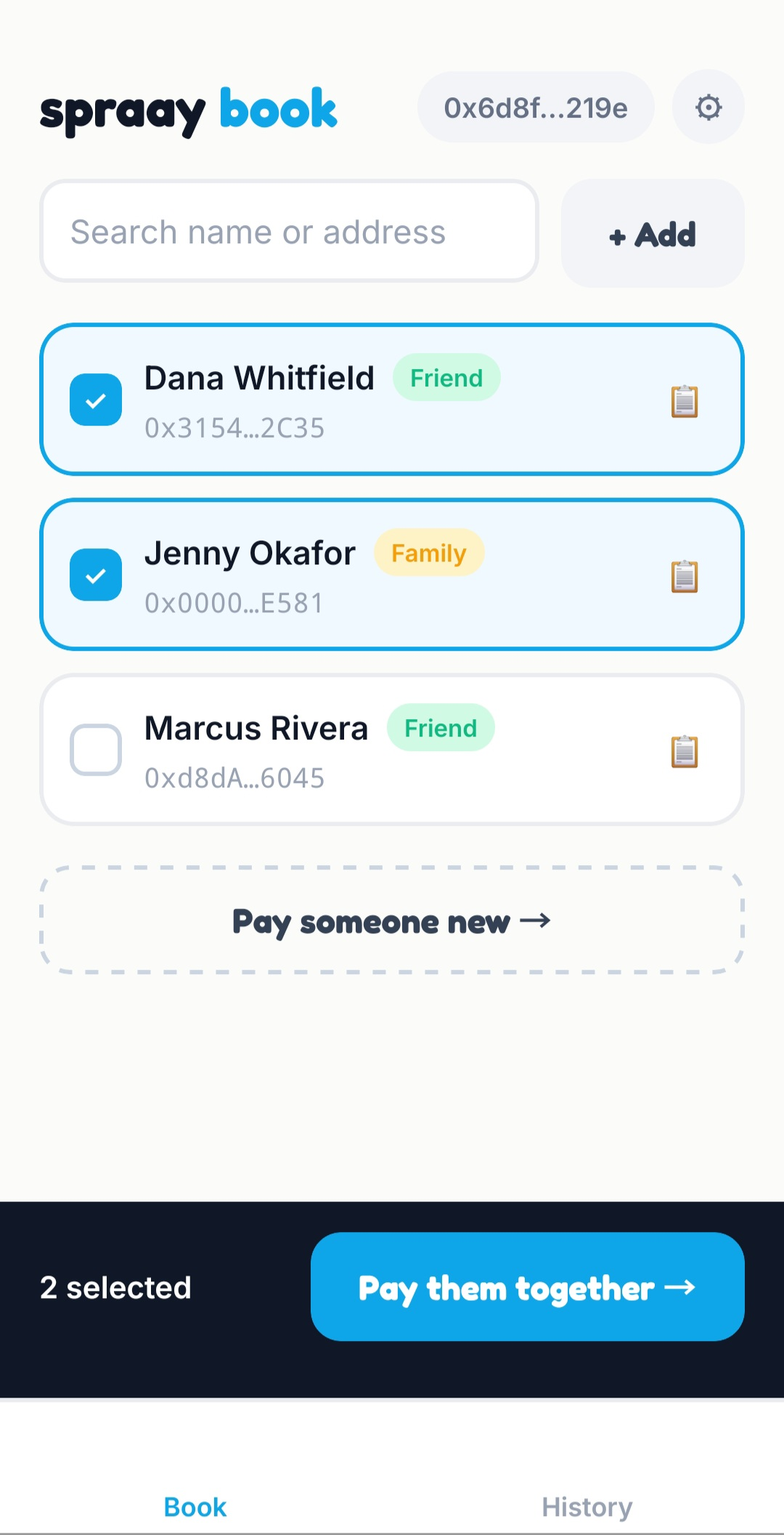 Spraay address book showing saved contacts with names and labels.